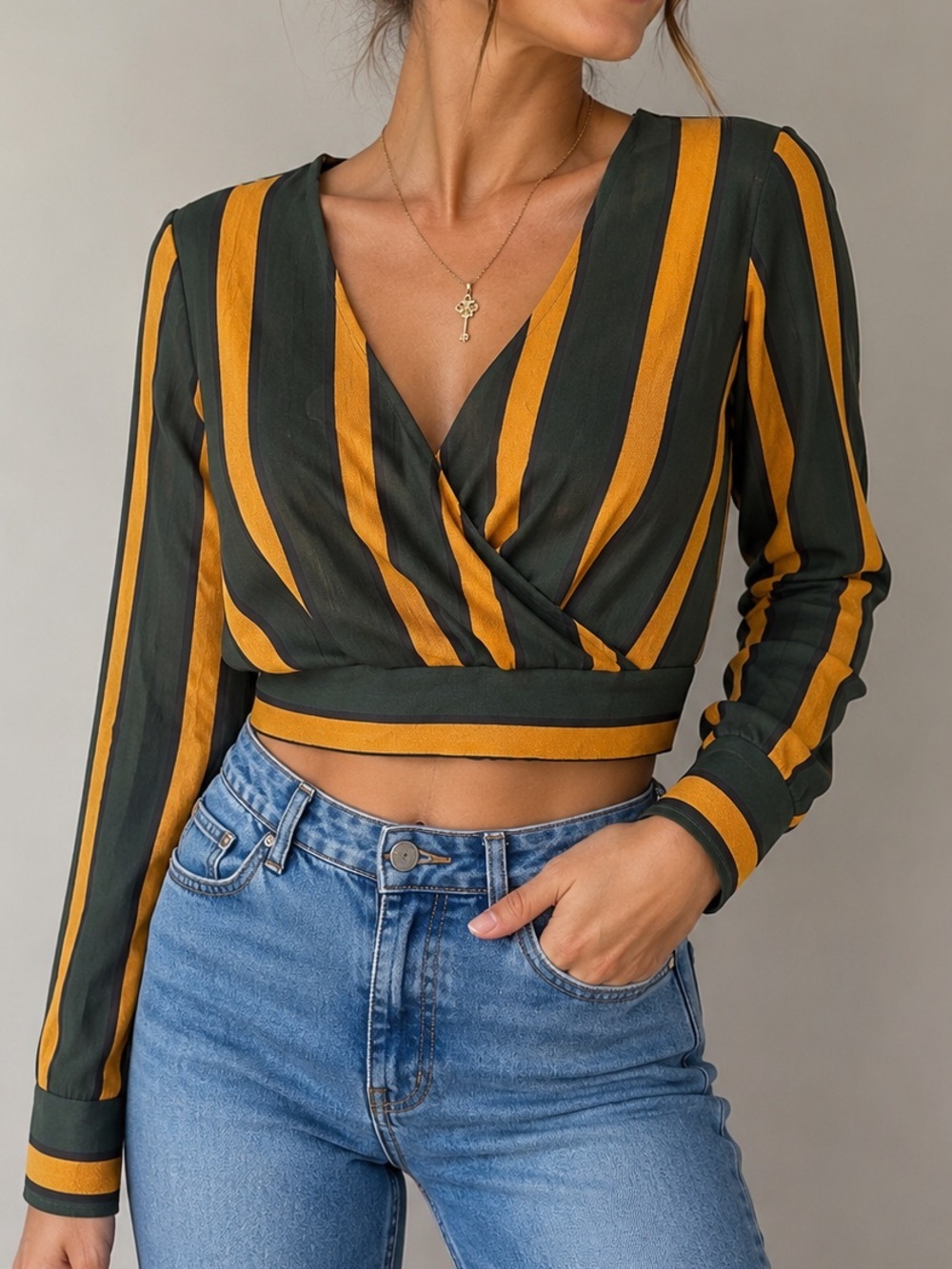 Green & Mustard Stripe Wrap Crop Top Blouse | Long Sleeve Small